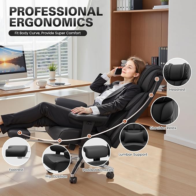 Office Desk Chair, Big and Tall Leather Gaming Chair with Footrest, Wide Ergonomic Comfy Executive High-Back Reclining Computer Chairs, Swivel Rolling Wheels and Padded Lumbar Support, Black Updated - Image 3