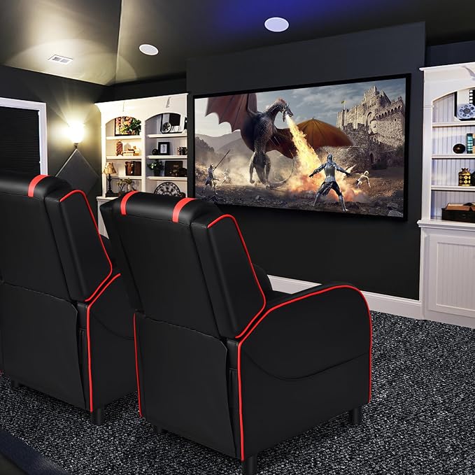 GYMAX Gaming Recliner, Massage Gaming Chair with Adjustable Footrest, Remote Control & Side Pocket, Ergonomic Game Lounge Chair, Racing Style Single Theater Seat Game Sofa for Adults (Red) - Image 2