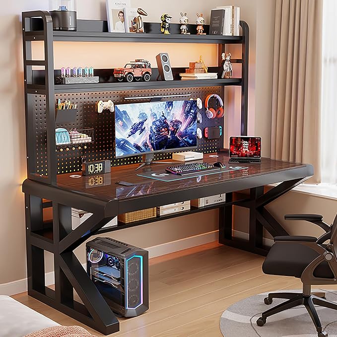 Gaming Desk with Pegboard and Storage Shelves,Tempered Glass Computer Desk Workspace,Modern Writing Study Table Gaming Table with Metal Frame for Home Office(120x60x165cm(47x24x65inch), H) by Unknown