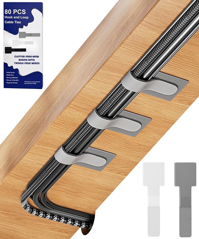 80PCS Hook and Loop Cable Ties, Under Desk Cable Management, Adhesive Cable Straps, Cord Management Hider Idea, Cord Organizer for Desk, Computer Accessories, Home Office Organization, White+Gray by BTPIEL