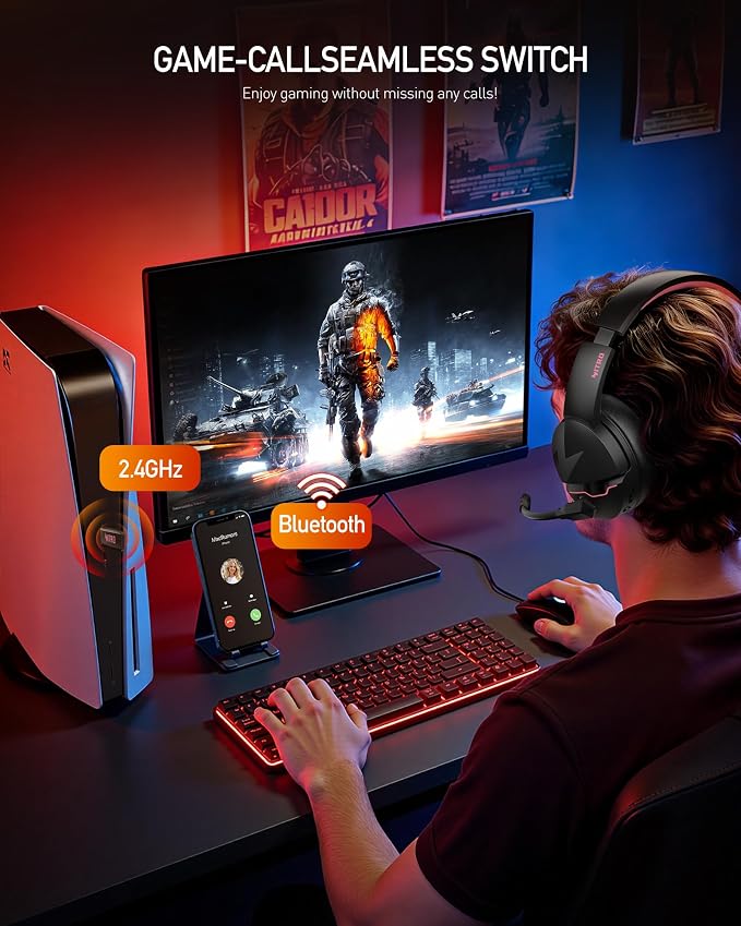 Acer Wireless Gaming Headset, PS5 Headset with 2.4GHz for Ps5, Ps4, PC, Switch, Bluetooth 5.3 + 100Hrs Gaming Headphones with Noise Canceling Mic for Laptop, Mobile, Mac, 50mm Drivers (Blackpink) - Image 3