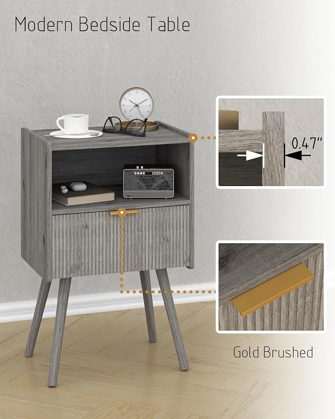 JOONEE Nightstand,Modern Bedside Table with Storage Drawer and Open Wood Shelf, for Living Room, Bedroom and Small Spaces, Accent Night Stand with Solid Wood Legs, Easy Assembly,Grey Oak - Image 6