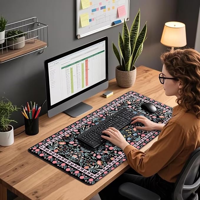 Black Floral Desk Mat Large Mouse Pad 31.5"x15.7" Non-Slip | Extended Mousepad, Non-Slip Rubber Base , Stitched Edges, for Computer/Laptop/Office/Home - Image 5