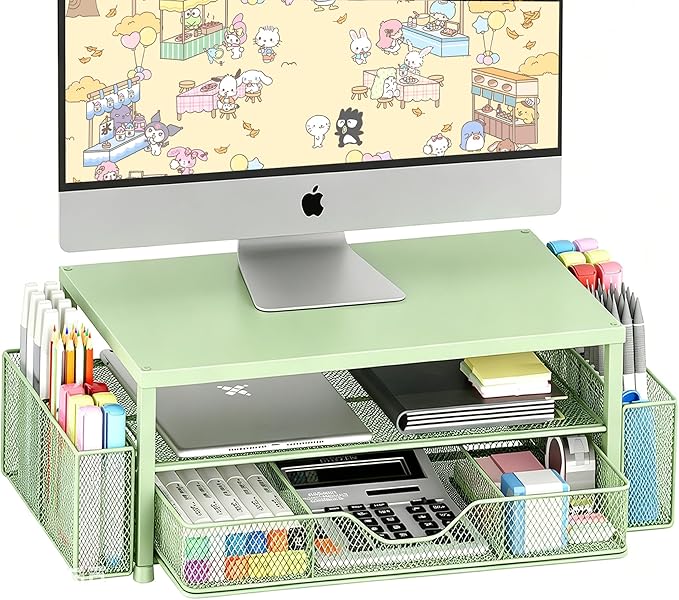 OPNICE Desk Organizers and Accessories, Computer Monitor Stand Riser with Drawer and 2 Pen Holders, Printer & Laptop Stand, Office Desk Accessories & Workspace Organizers for Home Office Supplies, Green by OPNICE