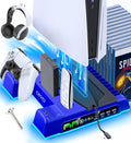PS5/Slim/Pro Stand and Cooling Station with LED Controller Charging Station for PlayStation 5 Console, Controller Charger, Cooling Stand, PS5/Slim/Pro Skin Accessories Kit with 3 Level Cooler Fan by OIVO