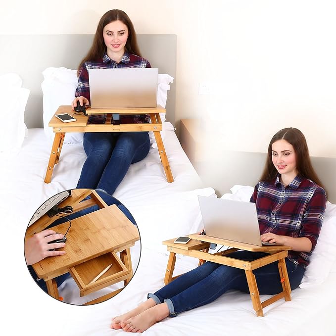 Nnewvante Bamboo Laptop Desk for Bed with Tilting Top, Drawer 21.6 x 13.8In - Image 8
