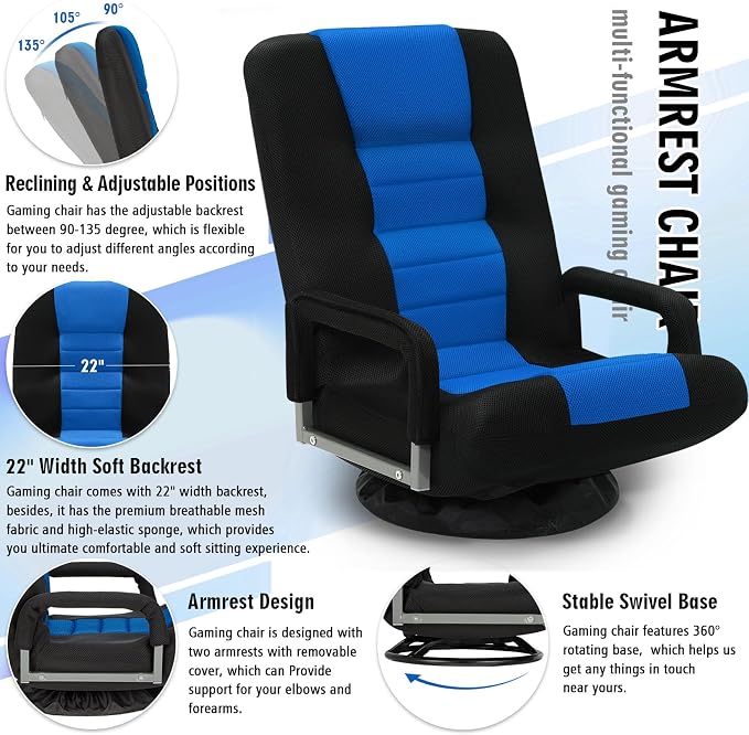 Swivel Floor Gaming Chair w/Armrests, Folding Video Reclining Sofa w/6 Adjustable Position, Padded Backrest & Cushion, Lazy Lounger Couch for E-Sports, Reading, Relaxing, Watching TV, Blue - Image 7