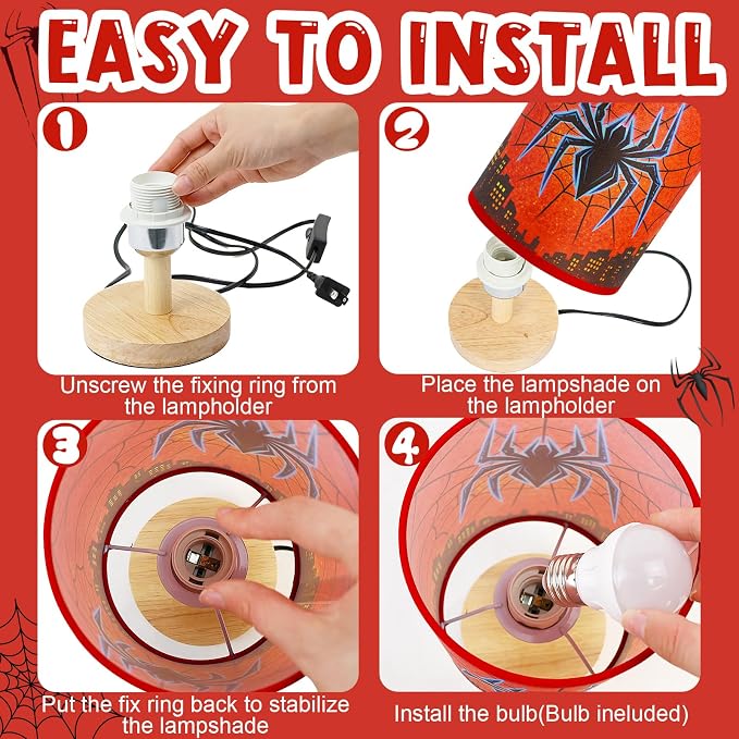 Spider Table Lamp for Boys - Spider Night Light & Bedroom Bedside Lamp with Linen Lampshade and Wooden Stand, Cartoon Nursery Lamp for Desk, Home Decor - Image 4