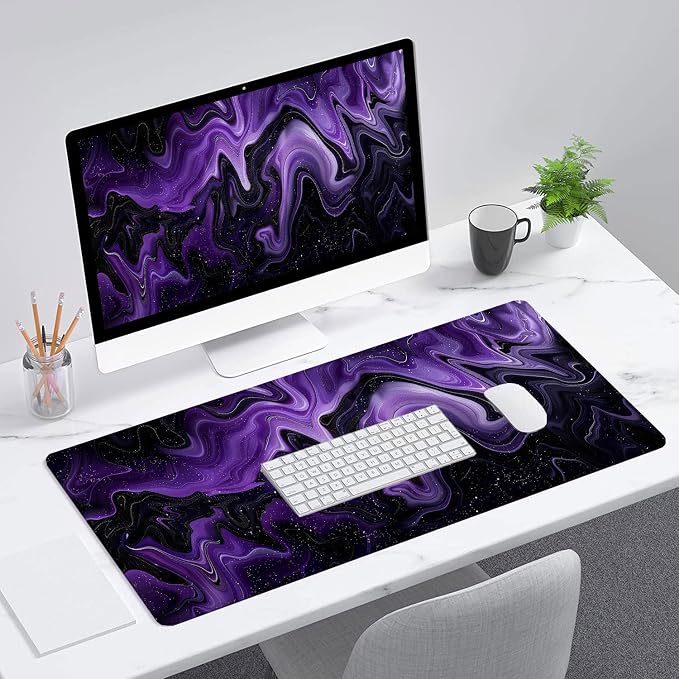 Dark Purple Ripples Desk Pad Mouse Pad Black Purple Lines Large Gaming Mouse Mat with Stitched Edges,Non-Slip Waterproof Rubber Base Mous Mat Office Computer Keyboard Laptop Home 31.5"x11.8" - Image 3