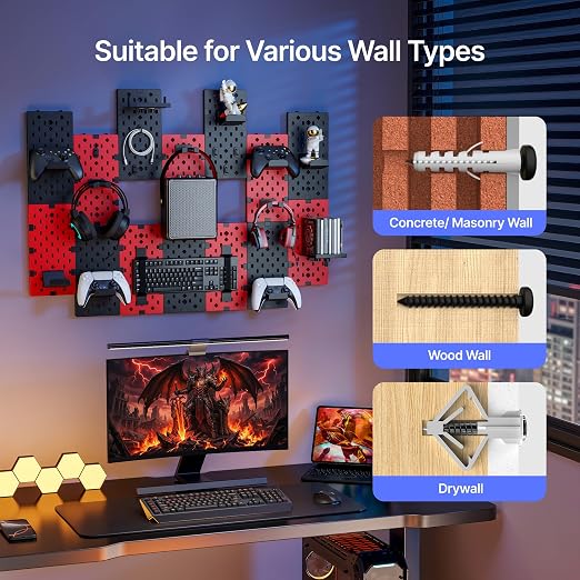 PEGZONE Controller and Headphone Holder Wall Mount, 14pcs, Black & Red | Modular Gaming Pegboard with Accessories, Controller Stand, Disc Shelf Organizer - Image 5