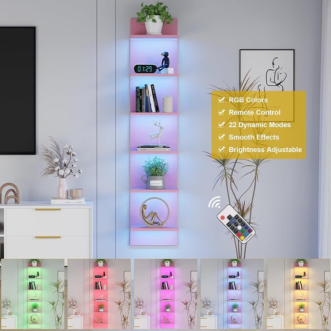 Qupui 6-Tier Wall Shelf with RGB LED, 57" Floating Storage, Pink - Image 6