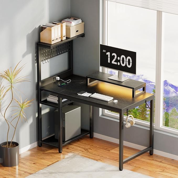 40 inch Small Gaming Desk with Pegboard Shelves Computer Desks with Led Lights Power Outlets PC Monitor Stand Reversible Storage Shelf Table for Bedroom Small Space, Black - Image 9