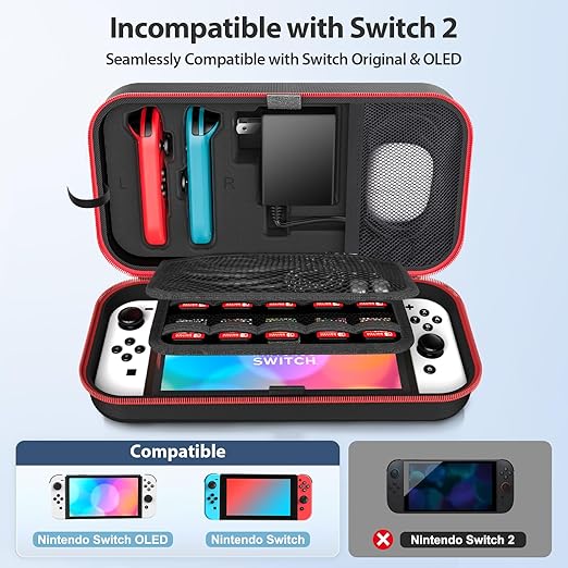 Switch Carrying Case Compatible with Nintendo & OLED, Portable Switch Travel Carry Case Fit for Joy-Con and Adapter, Hard Shell Protective OLED Pouch Bag with 20 Games, Red For N DS Cases & Storage - Image 2