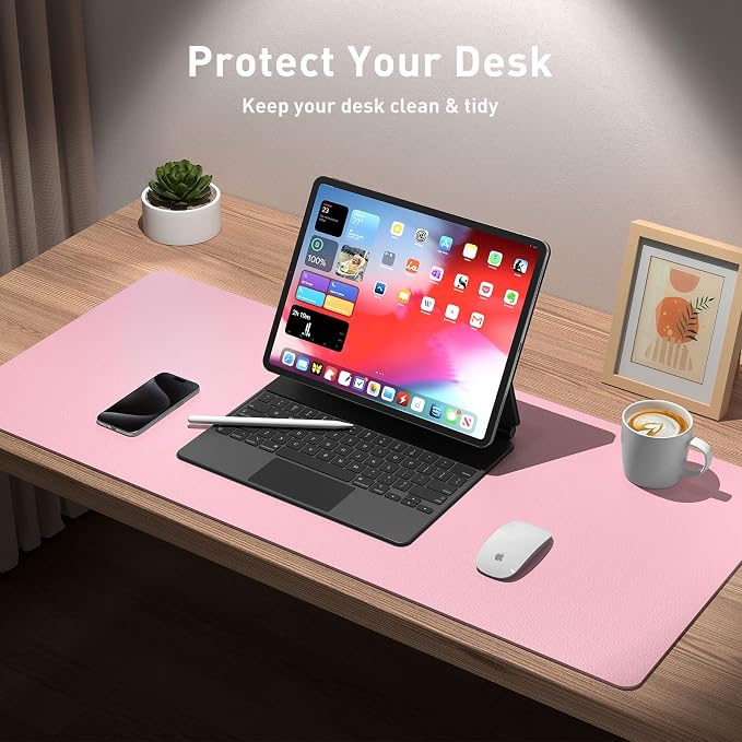 Aothia Leather Desk Pad Protector, Mouse Pad, Office Desk Mat, Non-Slip PU Leather Desk Blotter, Laptop Desk Pad, Waterproof Desk Writing Pad for Office and Home (23.6" x 13.7", Fairy Pink) - Image 3