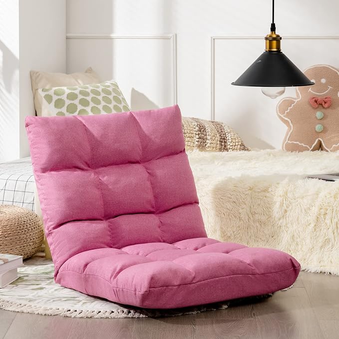 Giantex Adjustable Floor Gaming Sofa Chair 14-Position Cushioned Folding Lazy Recliner High Resilience Sponge, Breathable Cotton & Linen Fabric Sleeper Bed Couch Recliner (Pink) - Image 9