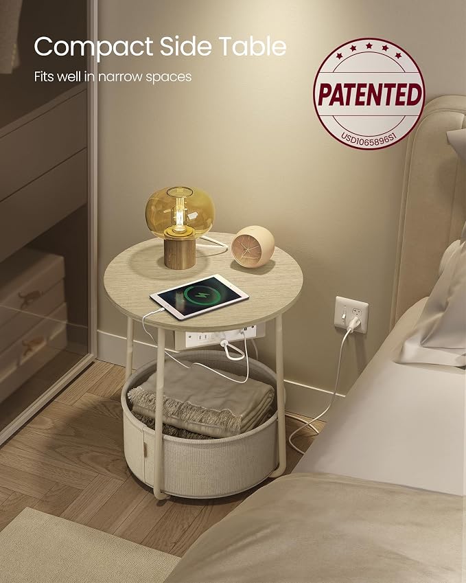 VASAGLE Side Table with Charging Station,Fabric Basket, Round End Table - Image 4