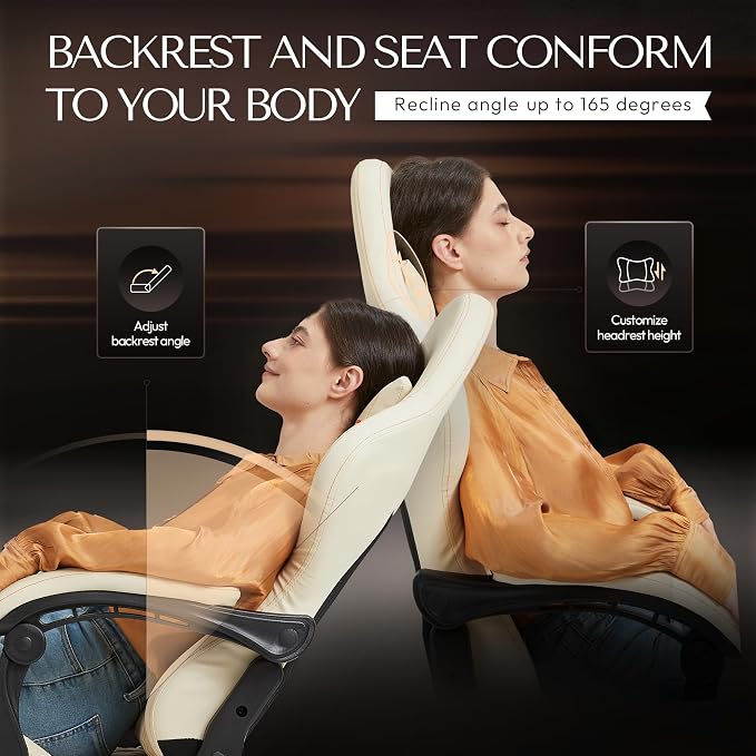 Dowinx Big & Tall Vintage Gaming Chair for Adults, 400 lb Capacity Heavy Duty Ergonomic Computer Chair with Massage Lumbar, Footrest & Easy Side Recline, Ivory Beige - Image 7