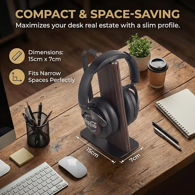 Headphone Stand Desk Cute, No Assembly, Dark Brown | Weighted Base Headset Holder for AirPods Max Sony Bose Beats Sennheiser, Stable Gaming & Studio Earphone Rack, - Image 3