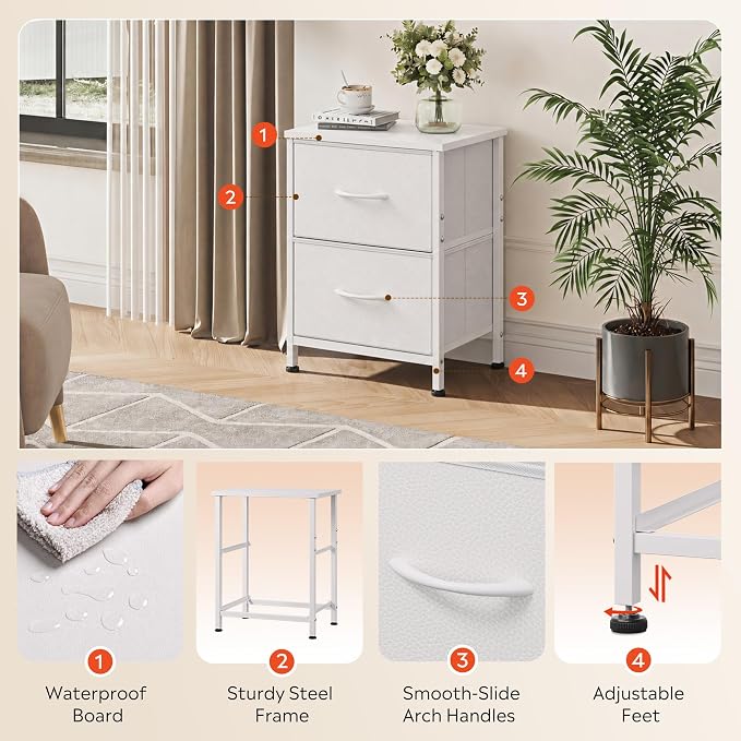 WLIVE White Night Stand, Small Dresser with 2 Drawers & Wooden Top, White - Image 5