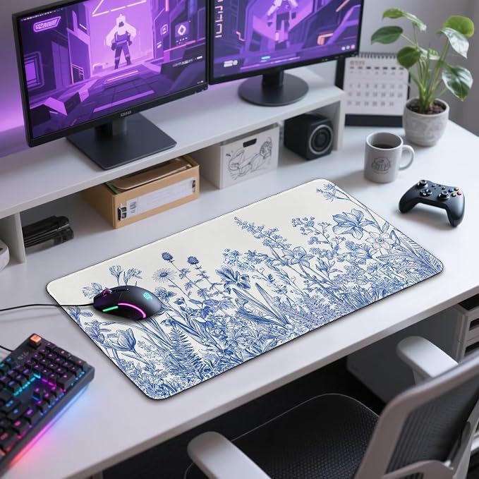 Large Gaming Mouse Pad Desk Mat 31.5"x15.7" Non Slip Blue Floral | Extended Mousepad, Non-Slip Rubber Base , Stitched Edges, for Computer/Laptop/Office/Home - Image 9