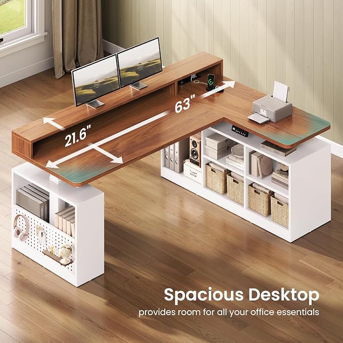 SEDETA L Shaped Electric Standing Desk, 63 inch Gaming Computer Desk with Storage Shelves and LED Lights, Height Adjustable Office Desk with Power Outlet and Pegboard, Brown Desktop - Image 9