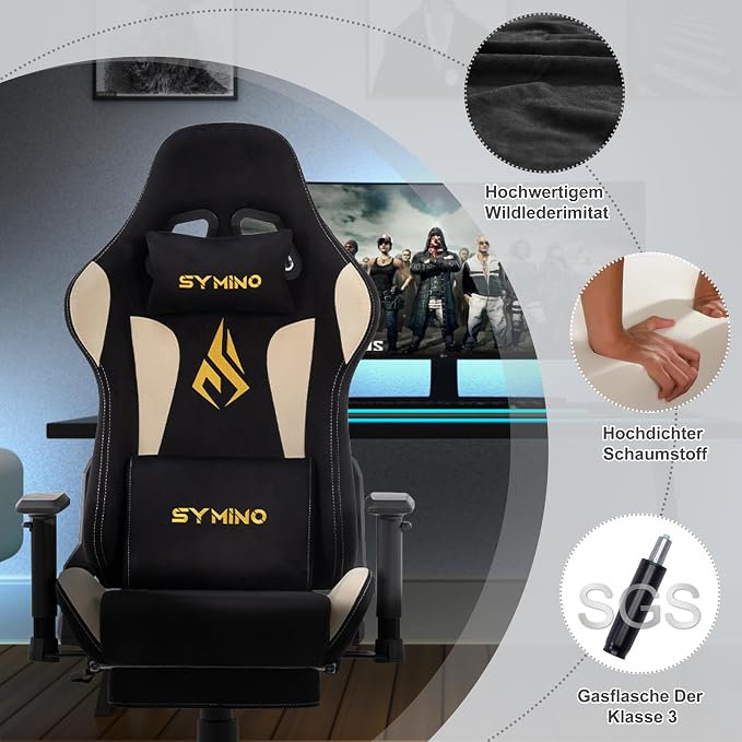 Symino Gaming Chair, High Back Ergonomic Office Chair with 2D Adjustable Armrests, 150° Recline, Breathable Faux Suede, Adjustable Headrest & Footrest for Home Office - Image 7