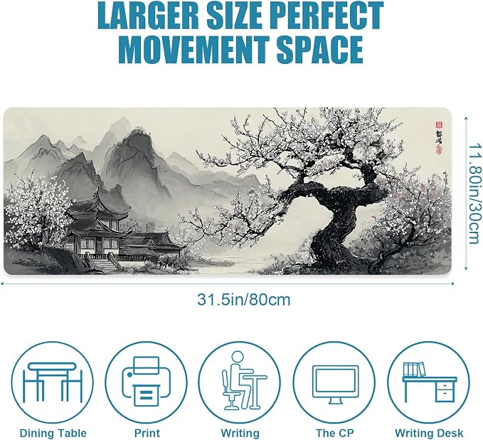 Large Mouse Pad for Desk, Gaming Mousepad XL Extended, Japanese Desk Mat Non-Slip Rubber Base, Big Computer Keyboard Mat Protector for Home&Office, 31.5x11.8in, Cherry Blossom - Image 2