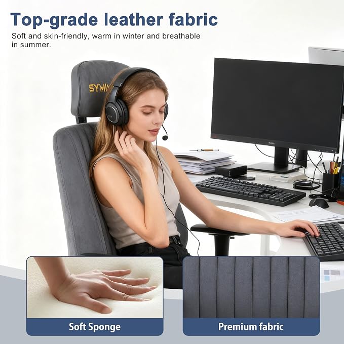 Symino Office Chair Ergonomic with 109° Rocking Function, Breathable Suede Fabric, Integrated Lumbar Support, Adjustable Headrest & Armrests, Swivel Desk Chair - Image 5