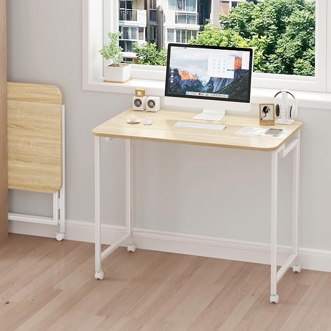 JSB Folding Desk for Small Spaces,Mobile Portable Rolling Laptop PC Table on Wheels,Foldable Computer Desk for Home Office,Bedroom,Dorm,Space Saving (Natural & White, 27.6") - Image 3