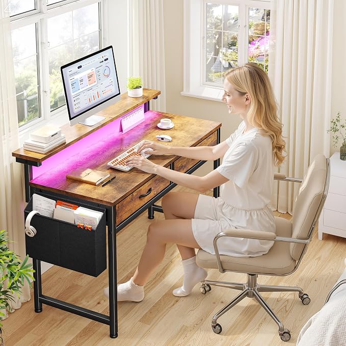 Gaming Desk with LED Lights & 2 Fabric Drawers, 39.4Inch Home Office Computer Desk with Side Pocket & Ergonomic Monitor Stand, Small Space Study Writing Table with Anti-Tip Design, Rustic Brown - Image 2