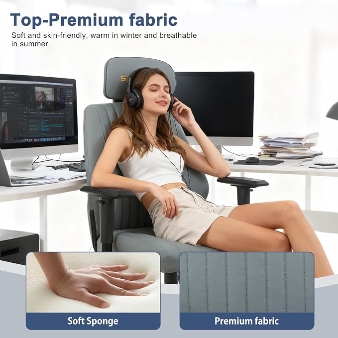 Symino Office Chair Ergonomic with 109° Rocking Function, Premium PU Leather, Integrated Lumbar Support, Adjustable Headrest & Armrests, Swivel Desk Chair - Image 5