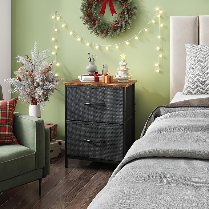 WLIVE Nightstand, 2 Drawer Dresser for Bedroom, Small Dresser with 2 Drawers, Bedside Furniture, Night Stand, End Table with Fabric Bins for Bedroom, Closet, Entryway, Black and Rustic Brown - Image 8