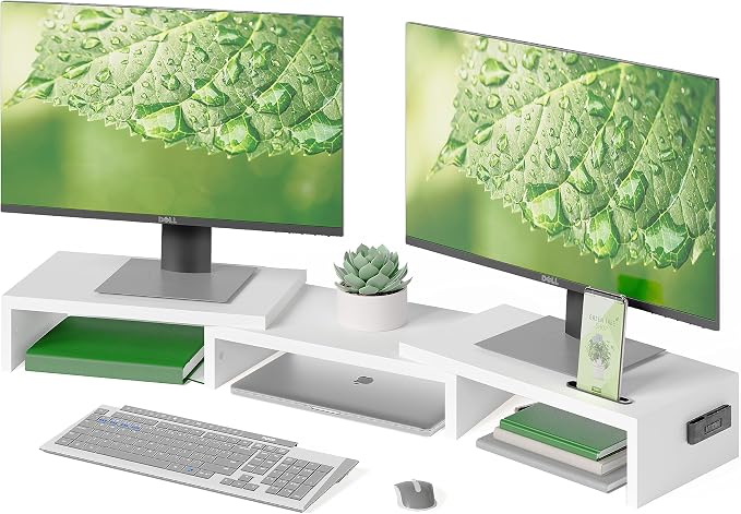 BONTEC Dual Monitor Stand Riser, Adjustable Length & Swivel Angle, White | Ergonomic Wooden Desktop Organizer with Smartphone Holder, Computer Monitor Stand for PC, Laptop,Printer and Large Storage by BONTEC