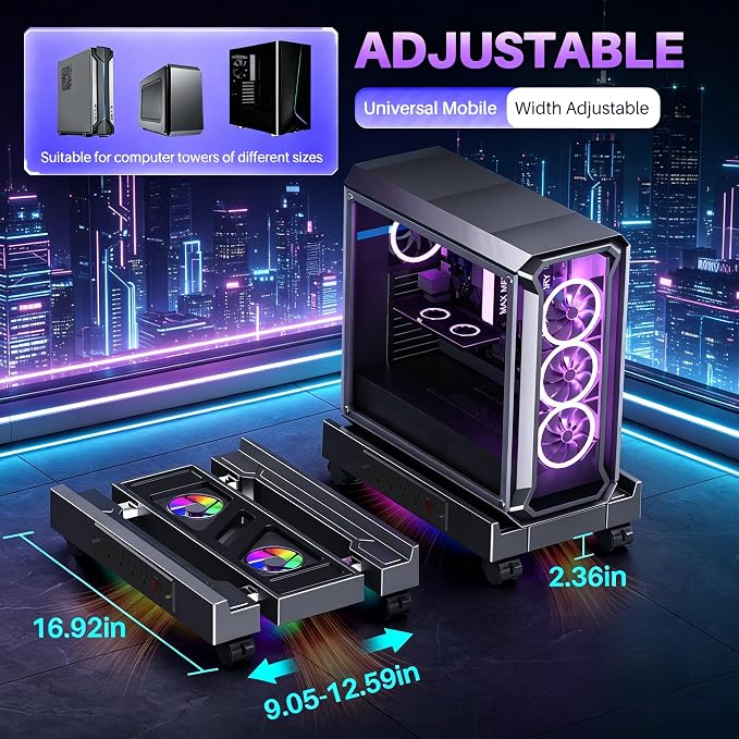 Adjustable PC Tower Stand with Cooling Fans, Outlet, Fits Most PC - Image 2