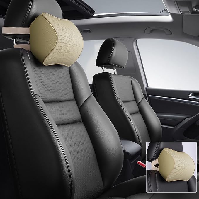 Aukee Car Neck Pillow Soft Memory Foam Leather Headrest for Driving Home Office Beige (Pack of 2) - Image 2