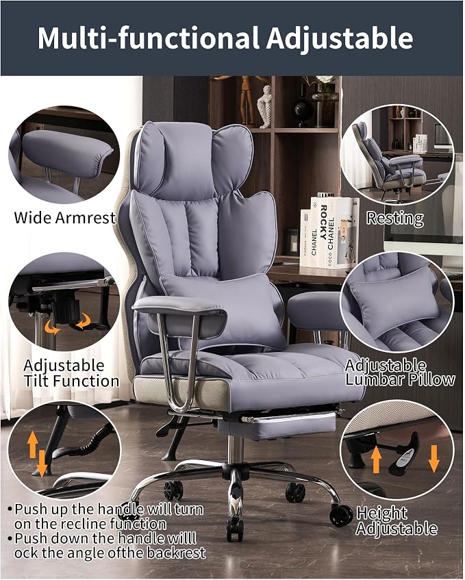 Efomao Big and Tall Office Chair 440LBS, Purple Heavy Duty Executive Chair with Footrest, Ergonomic Desk Chair for Home Office, Wide Computer Chair | 400lbs support, 135° recline, dual-layer foam cushion, 23.5" seat & footrest. BIFMA - Image 3