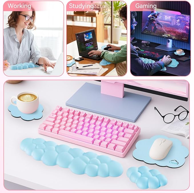 Sushret Cloud Wrist Rest for Computer Keyboard and Mouse Pad Set, Blue | Memory Foam, Leather, 4-in-1 Cloud Keyboard Wrist Rest Set with Ergonomic Support for Arm and Palm Cushion, Gaming/Work Setup - Image 6