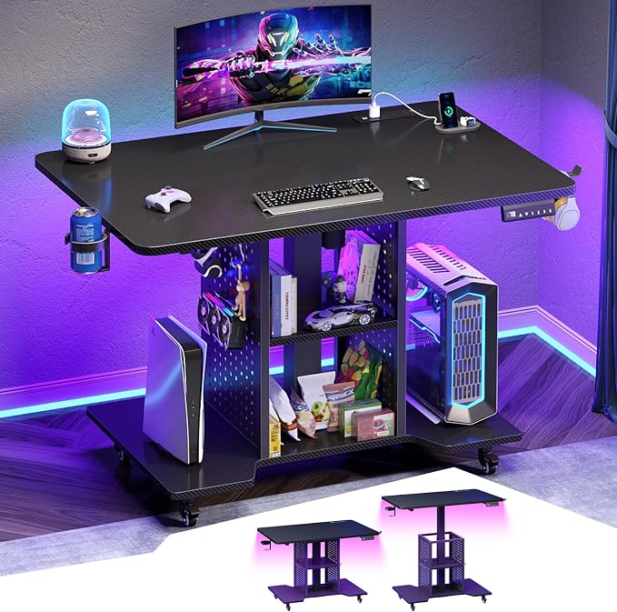 SEDETA Small Standing Gaming Desk, 31.5" Rolling Computer PC Desk Height Adjustable with Power Outlet, Pegboard & Storage Shelves, RGB LED Light, for Small Spaces/Bedroom/Gaming, Carbon Fiber Black by SEDETA