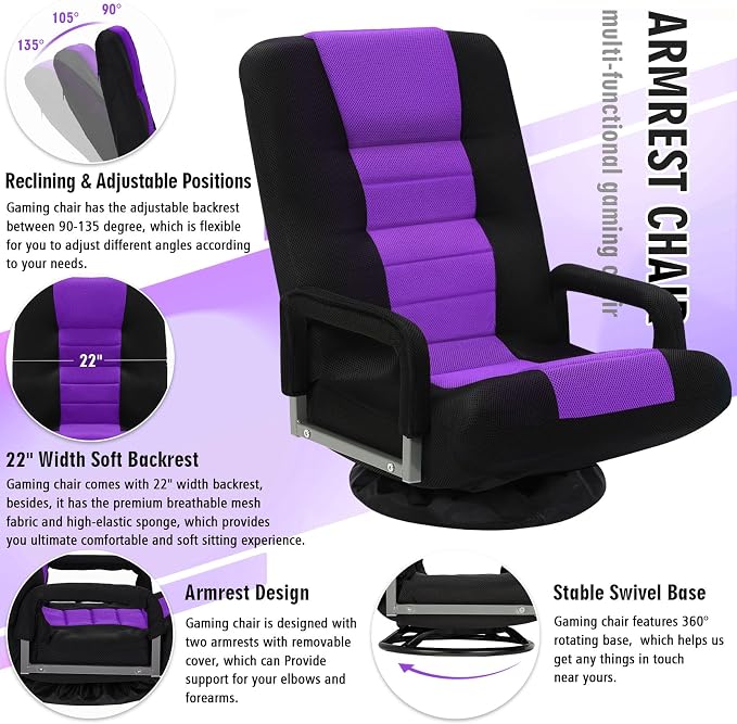 Swivel Floor Gaming Chair w/Armrests,Folding Video Reclining Sofa w/6 Adjustable Position, Padded Backrest & Cushion, Lazy Lounger Couch for E-Sports, Reading, Relaxing, Watching TV, Purple - Image 7