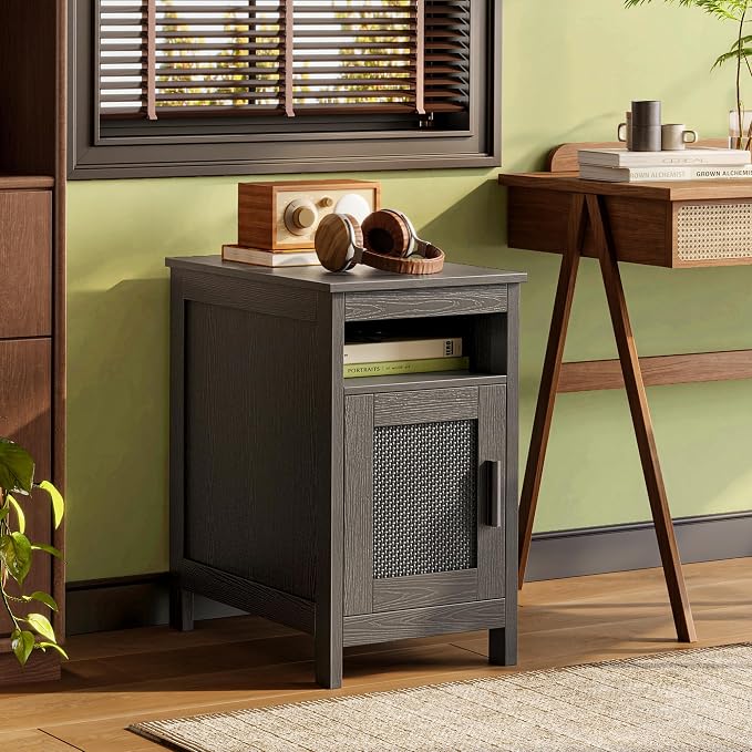Huuger Narrow Night Stand Set of 2, End Table with Charging Station, USB-C Port, Rattan Side Table with Cabinet and Open Shelf, Synthetic Rattan, for Small Spaces, Bedroom, Black - Image 8