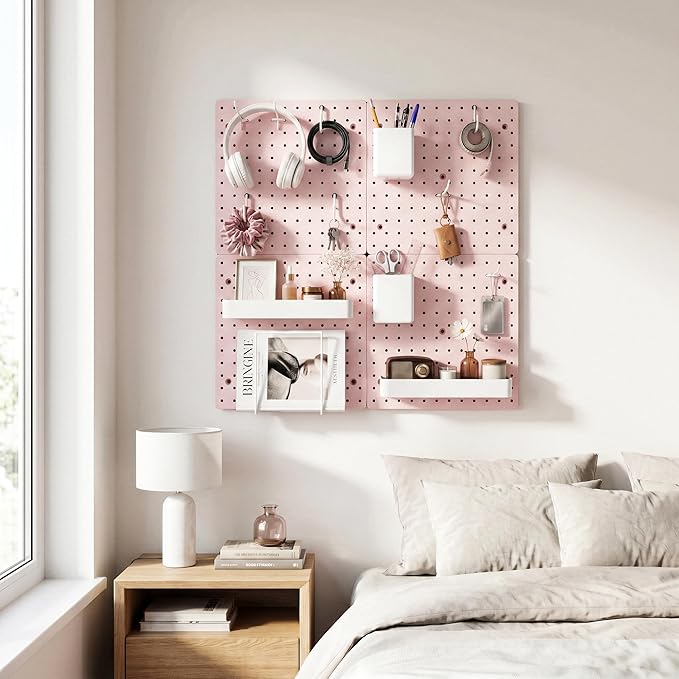 FZK Modular Plastic Pegboard Wall Organizer Kit, Pink, 12x12, 4 Panels | ABS material, wall mount storage kit, includes hooks and shelves, drill free or screw installation, for home decor& bedroom - Image 2