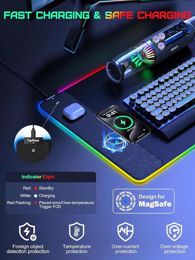 Wireless Charging RGB Gaming Mouse Pad, Desk Pad for MacBook, PC, Laptop | 31.5"x15.75" XXL Large Desk Mat, Waterproof Mousepad with 4 Light Modes & 11 RGB Colors, Ultra-Smooth Surface, Non-Slip Base - Image 2