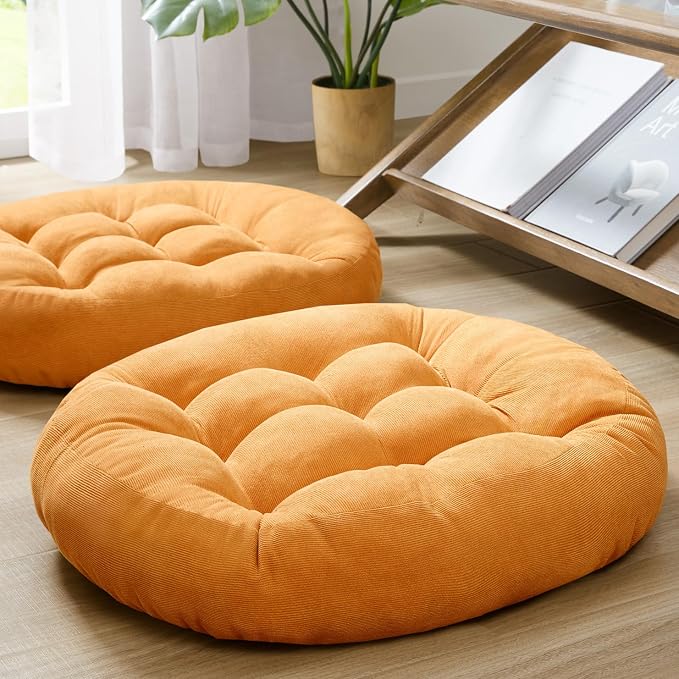 Meditation Cushions Set of 2, Large Floor Pillow for Adults, 22 Inch Round | Reading nook use, Zen relaxation, Tatami seating, Corduroy cover, 3.5 in thick, Shredded memory foam fill, Yellow yoga pad by DegreesofComfort