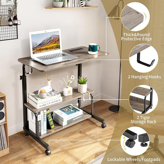 Karl home 31.5" Portable Rolling Computer Desk on Wheels, Grey Oak - Image 7