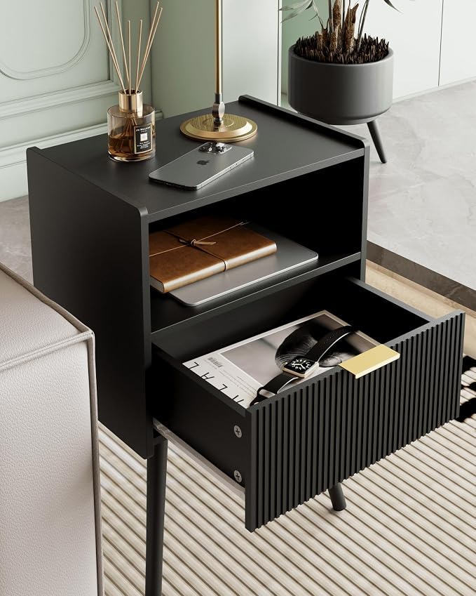 Veegle Nightstand,Modern Bedside Table with Storage Drawer and Open Wood Shelf, Accent Night Stand with Solid Wood Legs for Living Room, Bedroom and Small Spaces,Easy Assembly (Black) - Image 4