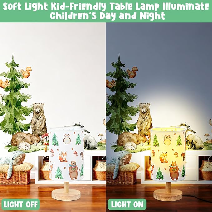 Woodland Animals Table Lamp - Woodland Kids Bedside Lamp with Linen Wooden Nightstand Cartoon Nursery Lampshade for Kids Room Decor - Image 7