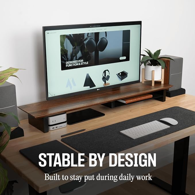 COREMINDED Solid Wood Dual Monitor Stand Riser, 42 Inch Walnut Desk Shelf | Fits 2 Monitors, Sturdy & Stable Solid Wood, Under Monitor Keyboard Storage, Office Desktop Organizer, Easy Assembly, Walnut - Image 2