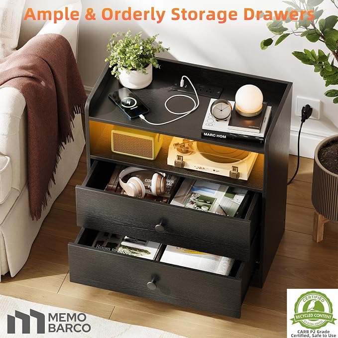 Memobarco 2 Pack Nightstand with Charging Station and LED Light, Black - Image 6