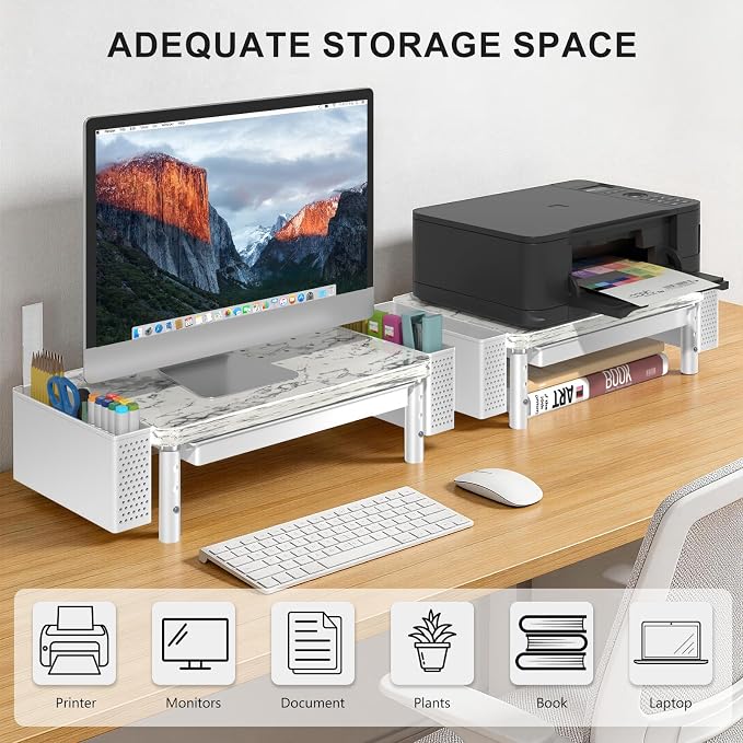 WALI Computer Monitor Stand with Storage and Pen Holder | 3 Height Adjustable Desk Organizer with Drawer, Desk Laptop Monitor Riser for Computer, Printer(PTT003-M), 1 Pack, Marble - Image 7