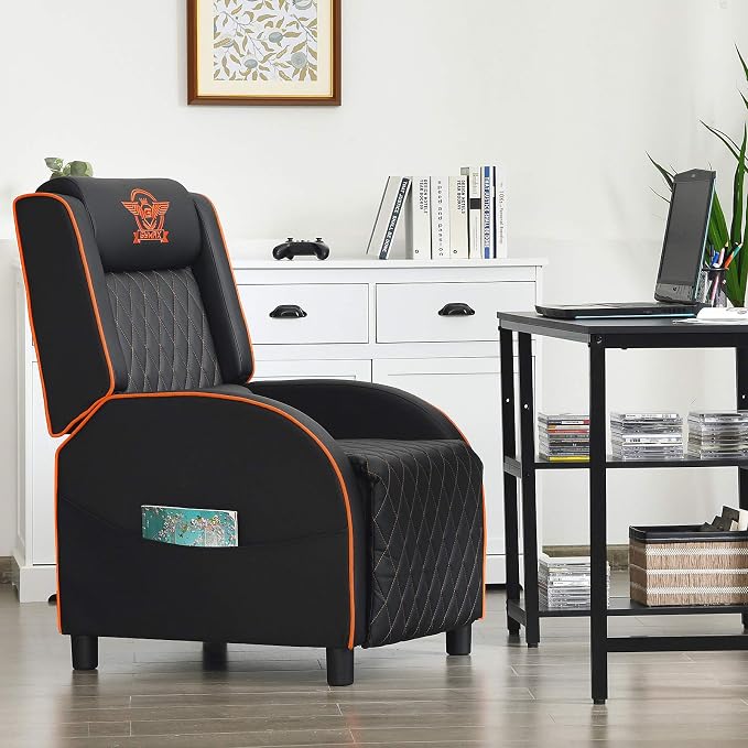 GYMAX Massage Gaming Recliner Chair, Ergonomic Racing Style Single Sofa with Adjustable Headrest, Backrest & Footrest, Home Theater Sofa for Living Room Office (Orange) - Image 2